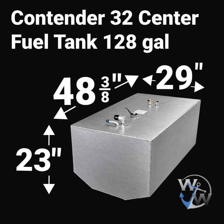 Dimensional technical diagram for a raw aluminum Contender 32 Center Fuel Tank 128 gal replacement from file image_a17d21.jpg. The graphic displays precise technical specifications with measurements of 48-3/8" length, 29" width, and 23" height, showcasing a deep rectangular box design with an angled bottom profile engineered by Welding World to conform perfectly to the vessel's central hull deadrise stringer grid. The unsealed variant raw tank body features flawless structural weld seams and clean satin-fin