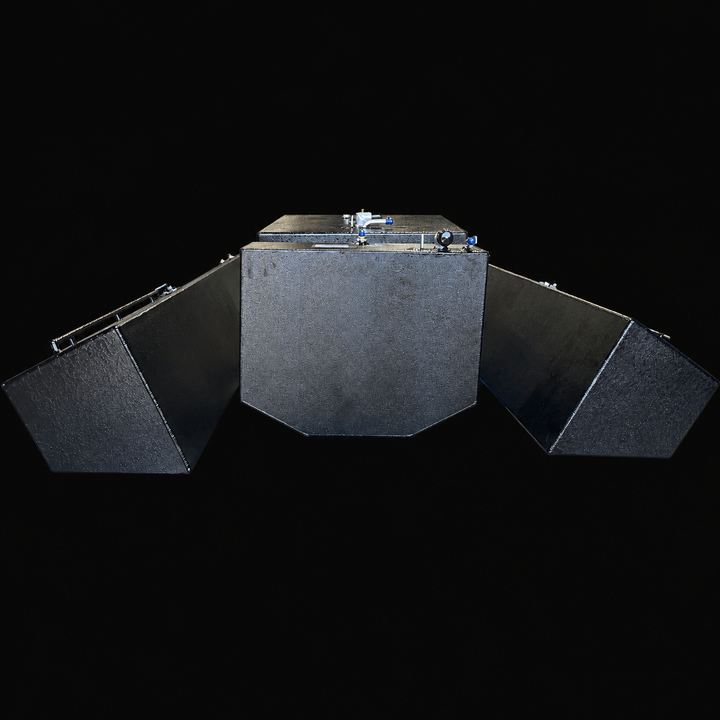 A straight, low-angle front-elevation view of a four-tank Contender 32 multi-tank replacement marine fuel system combo from file image_a1da61.jpg, isolated against a black background. This longitudinal perspective highlights the hull-matching cross-sections engineered by Welding World, showcasing the deep auxiliary center tank with its distinctive angled V-shaped bottom deadrise profile prominently at the forefront, backed by the larger main belly tank. Flanking the center line are two long, asymmetrical ou