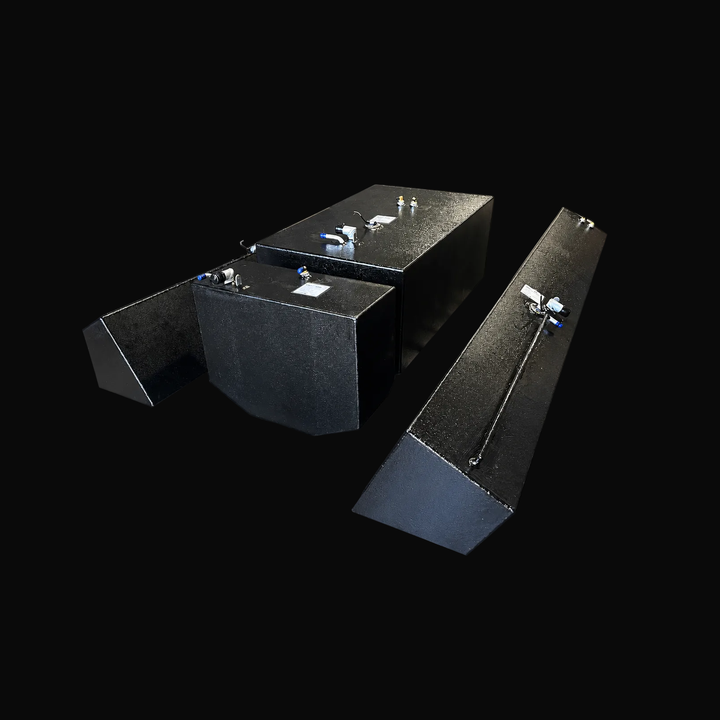 A high-angle isometric perspective view of a four-tank Contender 32 multi-tank replacement marine fuel system combo from file image_a17947.jpg, isolated against a black background. This dimensional overview showcases the complete configuration engineered by Welding World, featuring a large central belly main fuel cell, a matching auxiliary center tank with a V-shaped bottom profile, and a pair of long, narrow, asymmetrical wedge-shaped outboard saddle tanks designed to tuck perfectly along the hull sides. P