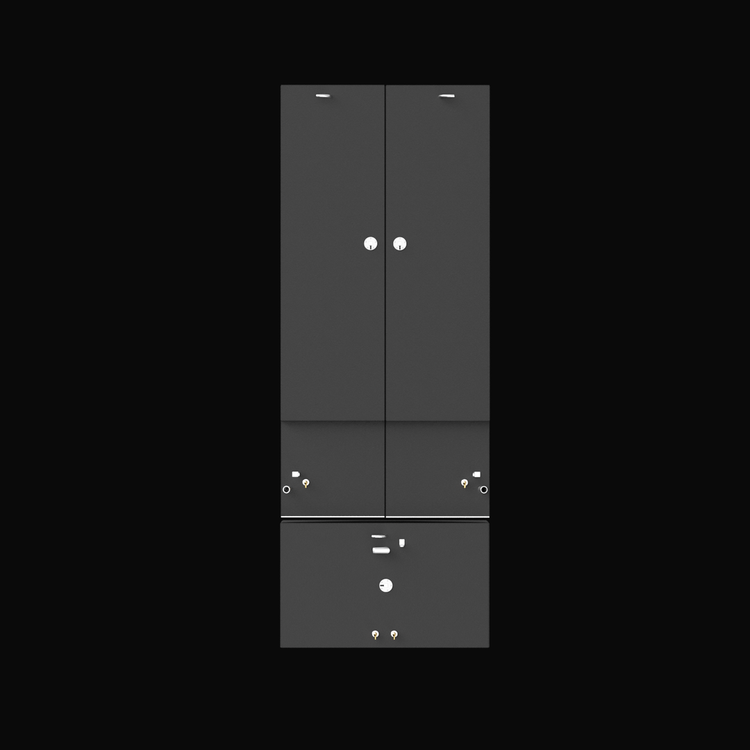 A direct top-down 3D render showing a multi-tank system consisting of three separate dark grey components: two long, mirrored tanks and one shorter, wide tank. Various silver and brass fittings are visible on the top surface of all three components, against a black background.