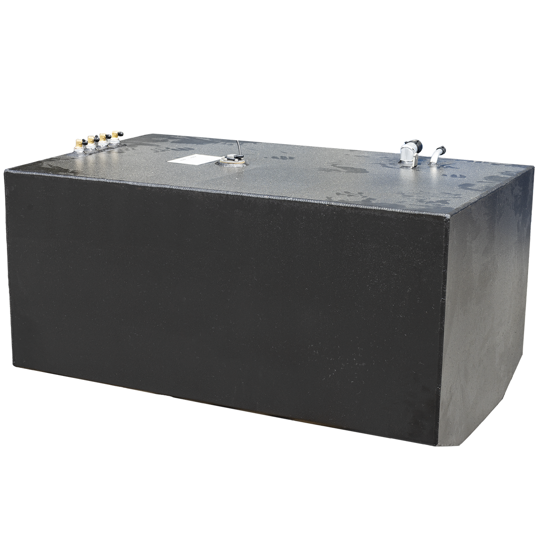 Photograph of a black rectangular Contender 36' 2005 OEM replacement fuel tank center tank with a textured matte finish. The tank has four brass fittings on one side, a white label, and other fittings on the top surface. The background is transparent