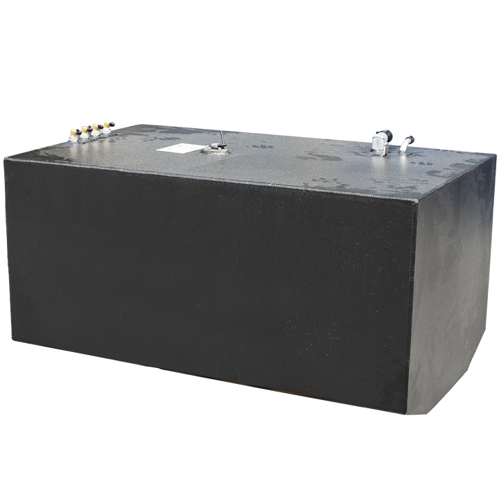 Photograph of a black rectangular Contender 36' 2005 OEM replacement fuel tank center tank with a textured matte finish. The tank has four brass fittings on one side, a white label, and other fittings on the top surface. The background is transparent