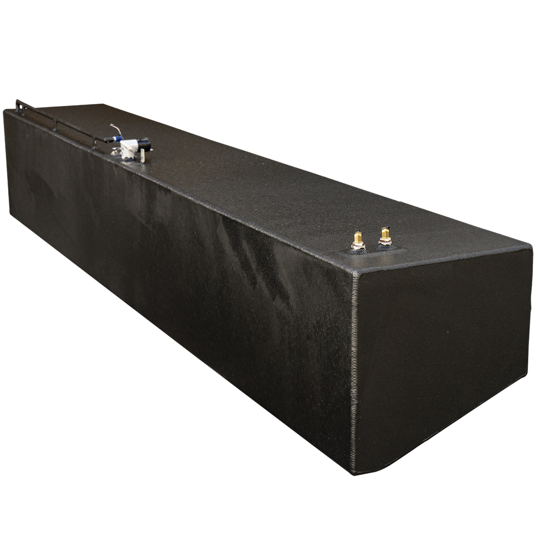 Photograph of a black rectangular Contender 36' 2005 OEM replacement fuel tank saddle tank with a textured matte finish. The tank features two brass fittings and a sensor assembly on the top surface. The background is transparent