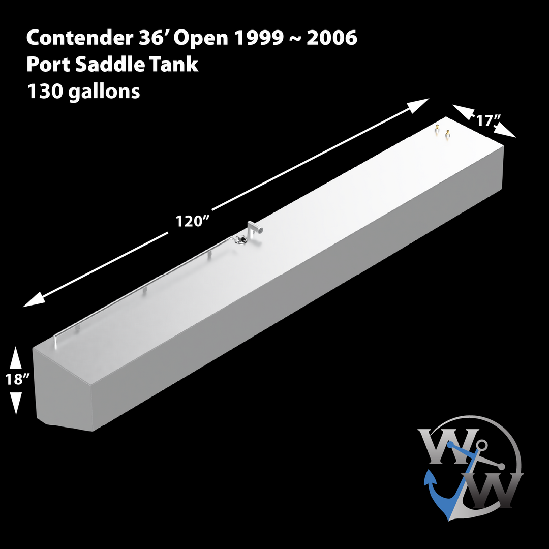 Contender 36' Open 1999 to 2006 Port Saddle Tank, 130 gallons capacity. White rectangular tank with angled front corners, featuring fittings and mounting brackets on top. Dimensions shown: 120 inches long, 18 inches high, and 17 inches wide. White tank displayed on black background with Welding World logo