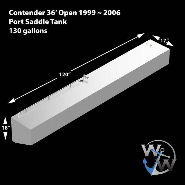 Contender 36' Open 1999 to 2006 Port Saddle Tank, 130 gallons capacity. White rectangular tank with angled front corners, featuring fittings and mounting brackets on top. Dimensions shown: 120 inches long, 18 inches high, and 17 inches wide. White tank displayed on black background with Welding World logo