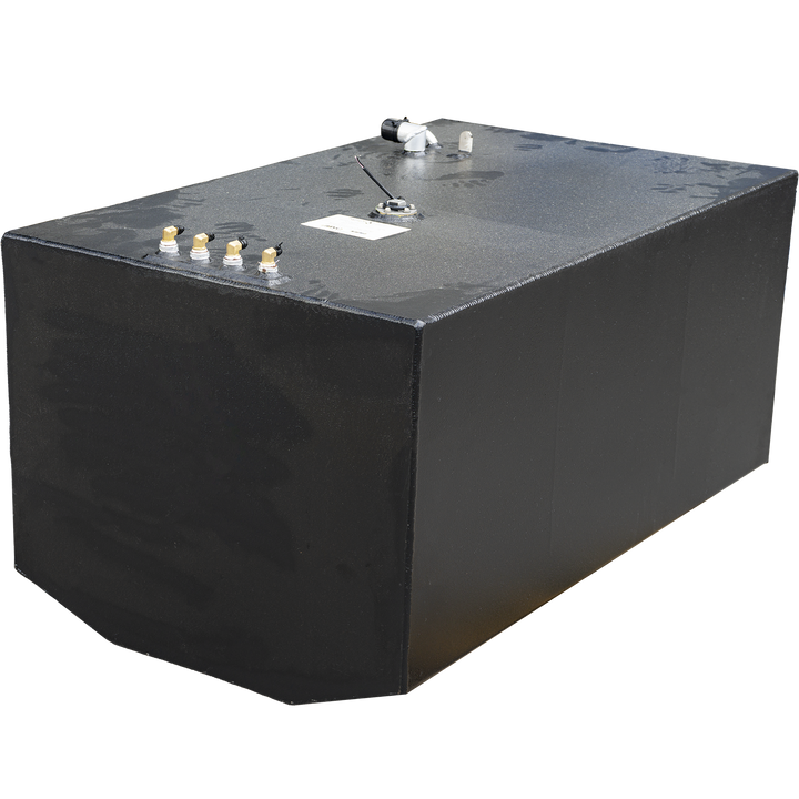 Photograph of a black rectangular Contender 36' 2005 OEM replacement fuel tank center tank, measuring 159 gallons net. The tank has a textured matte black finish and features various fittings, valves, and a white label on the top surface. The background is transparent