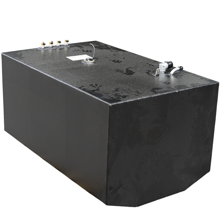 Photograph of a black rectangular Contender 36' 2005 OEM replacement fuel tank center tank with a textured matte finish. The tank has various fittings and valves on the top surface, including a white label. The background is transparent