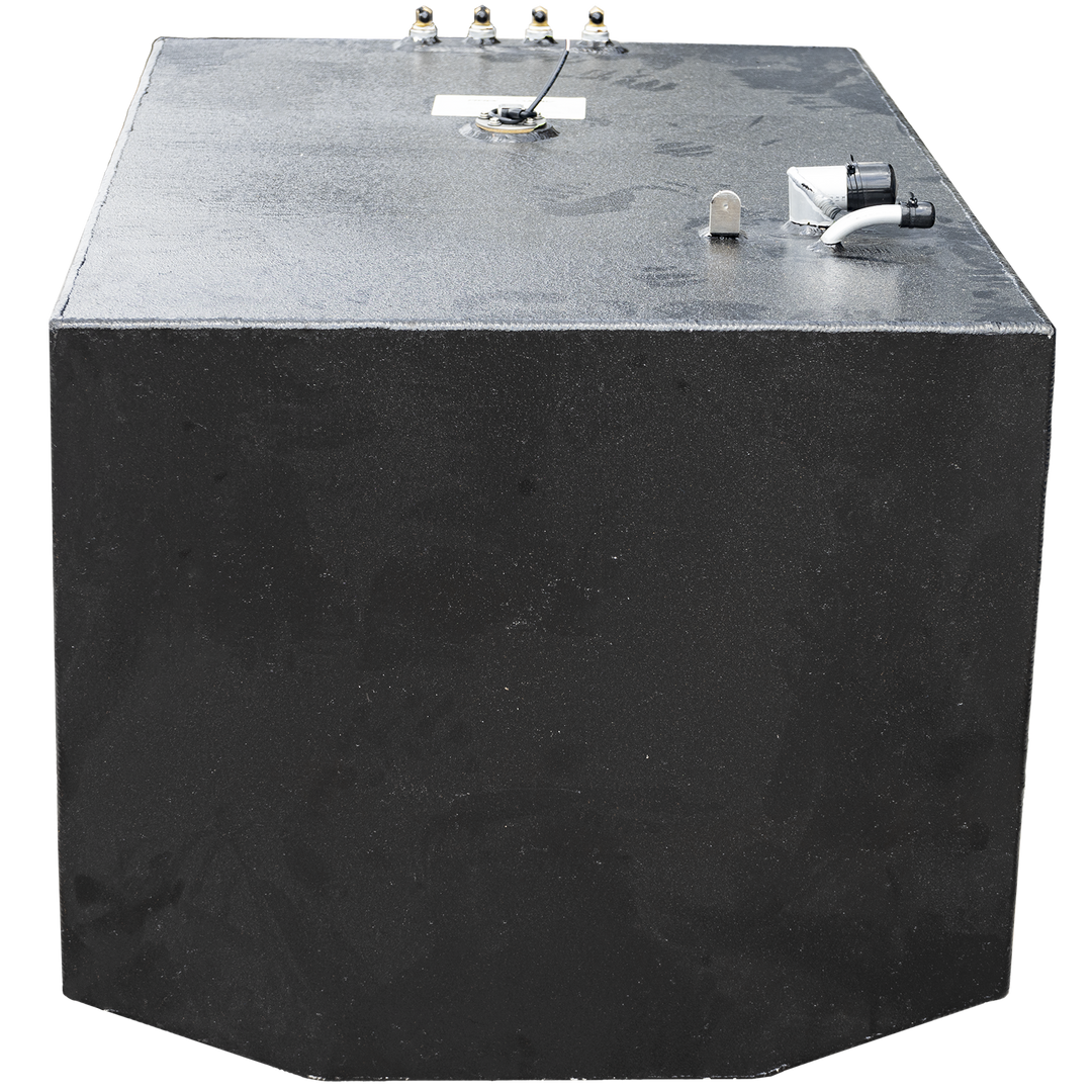 Photograph of a black rectangular Contender 36' 2005 OEM replacement fuel tank saddle tank with a textured matte finish. The tank has various fittings and valves on the top surface, including a white label. The background is transparent