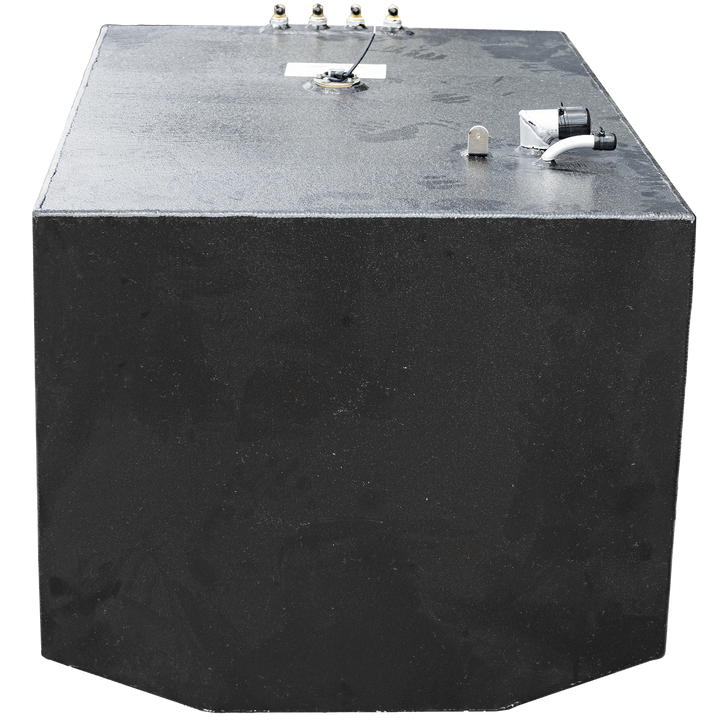 Photograph of a black rectangular Contender 36' 2005 OEM replacement fuel tank saddle tank with a textured matte finish. The tank has various fittings and valves on the top surface, including a white label. The background is transparent