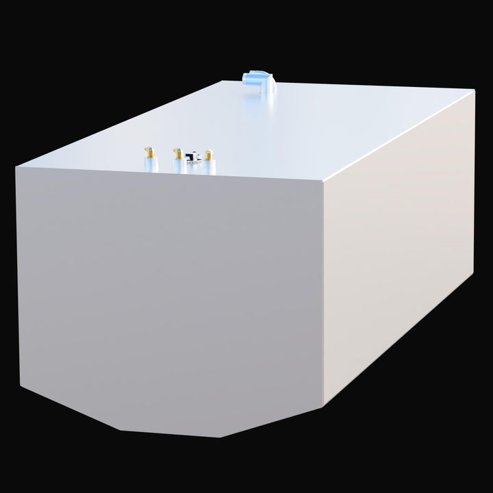 Top-down view of the 123-gallon Starboard wing fuel tank for a 2012 Contender 39. This OEM replacement is constructed from heavy-duty .190 marine-grade aluminum and finished with a protective Coal Tar Epoxy coating. The image highlights the specific starboard-side fitting orientation, fuel sender, and grounding tab, ensuring a precise "drop-in" fit that complies with USCG and ABYC safety standards.