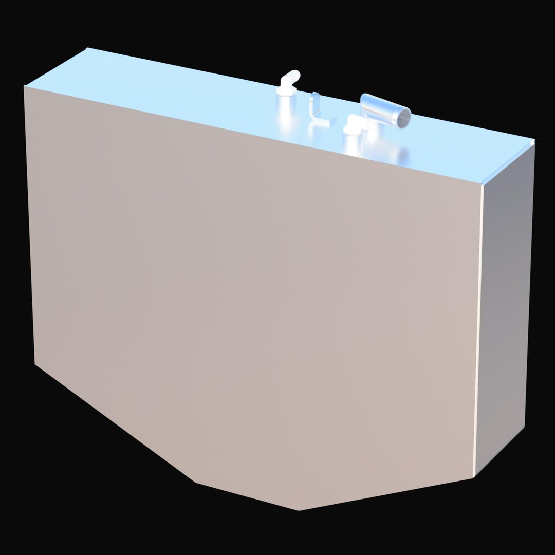 Full-length perspective of the 123-gallon Port wing fuel tank for a 2012 Contender 39. This OEM replacement is built from .190 marine-grade aluminum and features a complete Coal Tar Epoxy coating. The image illustrates the specific angled taper and structural baffling required to fit the port-side hull curvature of a high-performance Contender offshore center console.