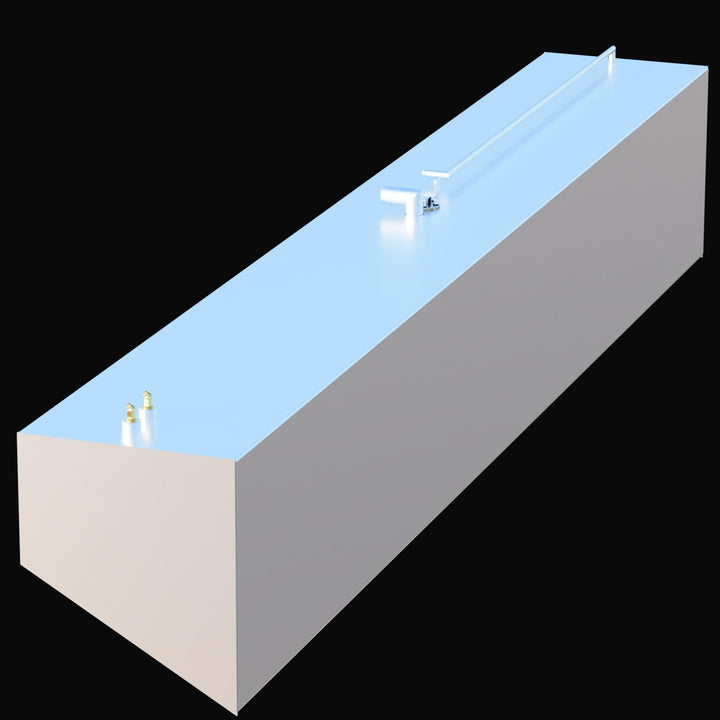 Full-length perspective of the 26-gallon freshwater tank for a 2012 Contender 39. This OEM replacement is built from heavy-duty .190-gauge marine aluminum and features a protective Coal Tar Epoxy coating. The image illustrates the compact, longitudinal design intended for a "drop-in" fit within the center stringer, including precision-placed intake and discharge fittings for seamless integration with the vessel's freshwater system.