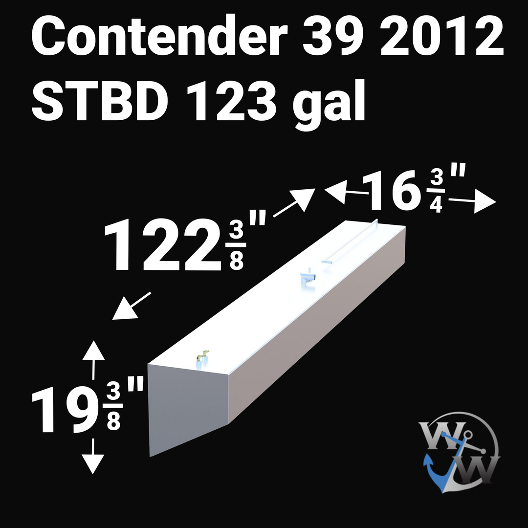 Side profile view of a 26-gallon water tank for a 2012 Contender 39. This OEM replacement unit is constructed from .190-gauge marine-grade aluminum and features a protective Coal Tar Epoxy coating. The image showcases the specialized fittings for fresh water systems and the rugged, baffled design required for high-performance offshore center consoles.