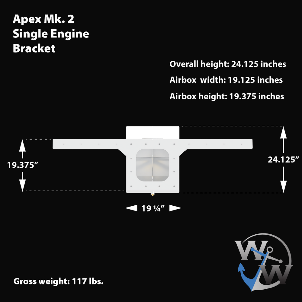 Image of the Apex Mk. 2 Single Engine Bracket. The bracket features a central airbox with dimensions: overall height of 24.125 inches, airbox width of 19.125 inches, and airbox height of 19.375 inches. The bracket has a gross weight of 117 lbs. The design includes arrows indicating the measurements and a logo in the bottom right corner