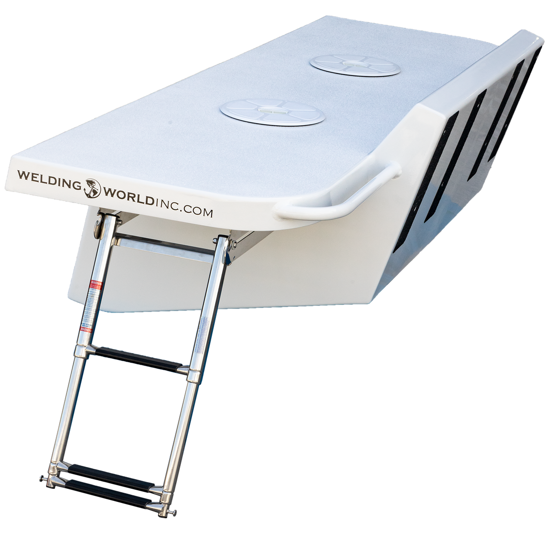 A custom-built Apex Mk. II twin engine bracket featuring a flat, white surface with two circular hatches. The bracket has a sleek design with black accents and a handle on one side. A sturdy metal ladder is attached to the front, allowing easy access to the top. The branding "WELDINGWORLDINC.COM" is visible on the surface. The background is transparent