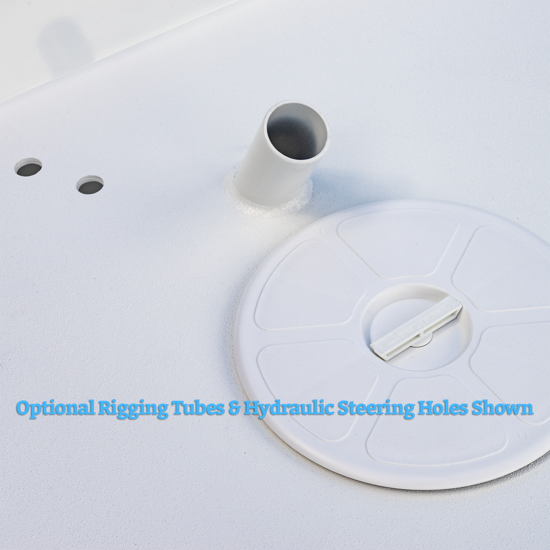 A close-up of a white boat surface showing an optional rigging tube and hydraulic steering hole. The image features a cylindrical rigging tube protruding from the surface, two small circular holes, and a round hatch cover with a handle. Text in blue at the bottom reads, "Optional Rigging Tubes & Hydraulic Steering Holes Shown