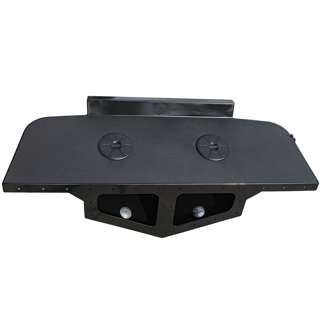 A black, rectangular, custom high flotation twin outboard engine bracket labeled "Mk.2" with two circular access covers on the top surface and two mounting holes at the bottom. The bracket has a sturdy, angular design and is displayed against a transparent background