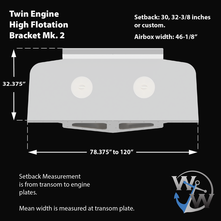 A technical diagram of a custom high flotation twin outboard engine bracket, labeled "Mk.2." The diagram shows the bracket's front view with measurements. The height from the transom to the top is 32.375 inches, and the width across the flotation box ranges from 78.375 inches to 120 inches. The setback distance from the transom to the engine plate is adjustable between 30.32 and 32.75 inches or custom. The airbox width is 46-1/8 inches. An arrow indicates that the setback measurement is from the transom 