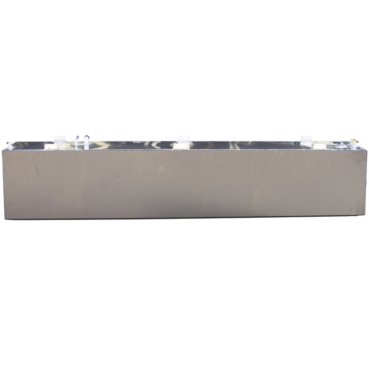 This image shows a large, rectangular aluminum fuel tank viewed from the front side with the top surface facing upward. The tank has a smooth, metallic finish with a slight sheen and visible weld seams along the edges. The top surface is fitted with several mounting brackets evenly spaced along the length of the tank. On the right side of the top surface, there are multiple fuel fittings including two white pipe connectors and a circular metal cap