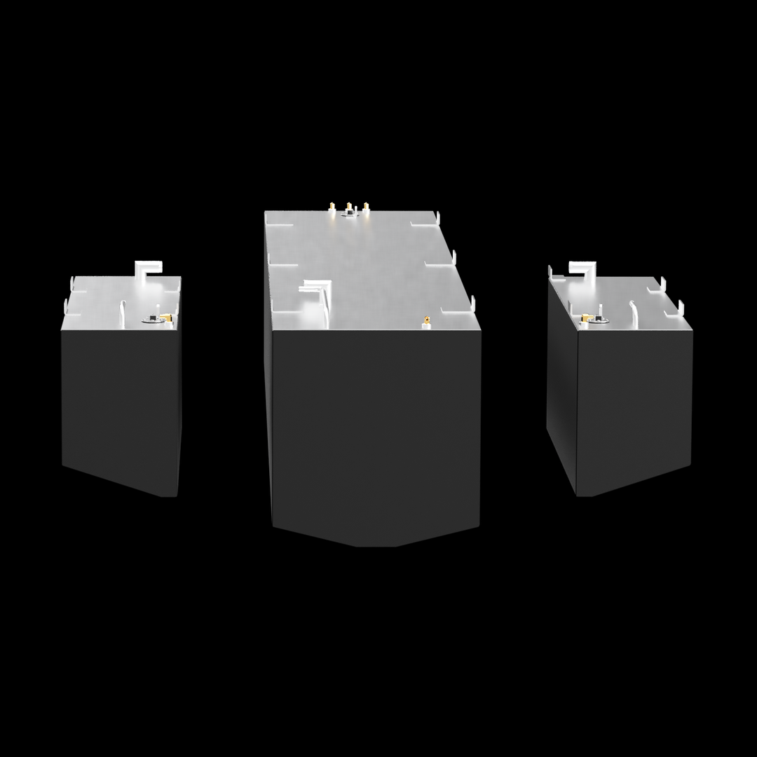 This image shows a 3D rendering of a fuel tank combo kit consisting of three tanks of different sizes arranged in a row, all colored black with white tops. The tanks have mounting brackets on the sides and tops, along with various fittings, valves, and attachments visible on the tops. The tanks are designed to fit together as a kit, with the largest tank in the middle and two smaller tanks on each side. The image is shown against a solid black background, highlighting the shapes and details of the tanks
