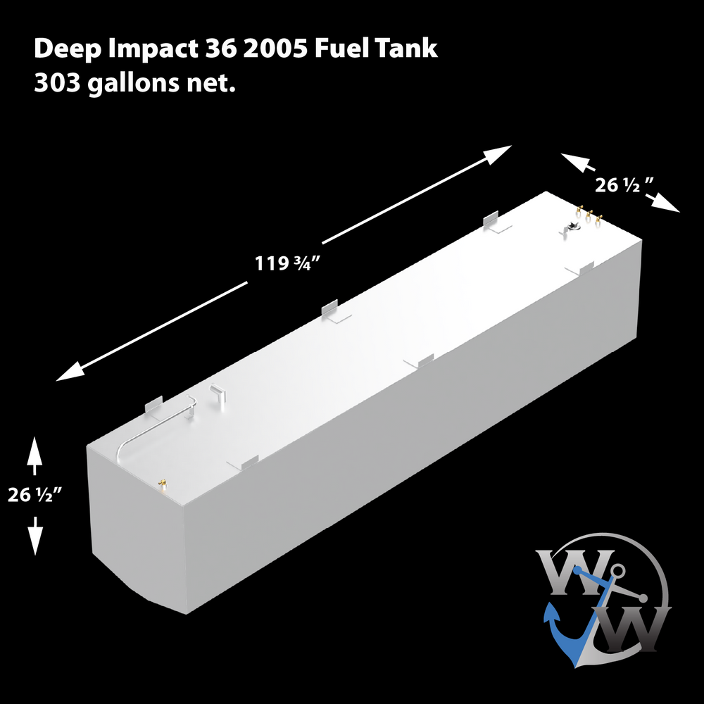 This image shows a Deep Impact 36 fuel tank from 2005 with a net capacity of 303 gallons. The tank is rectangular with rounded edges on one side and multiple mounting tabs along the top edges. The dimensions are marked with arrows: the length is 119 and 3/4 inches, the width is 26 and 1/2 inches, and the height is also 26 and 1/2 inches. The tank has several fittings on top, including fuel ports and sensors