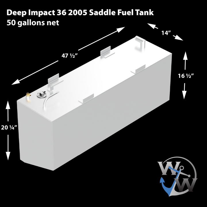 This image depicts a Deep Impact 36 2005 Saddle Fuel Tank with a net capacity of 50 gallons. The tank has a rectangular shape with slightly beveled edges and multiple mounting tabs along the top. The dimensions are marked with arrows: the length is 47 and 1/2 inches, the width is 14 inches, the height is 20 and 1/4 inches on one side and 16 and 1/2 inches on the other. The tank is rendered in light gray on a black background and features several fittings and ports on the top surface