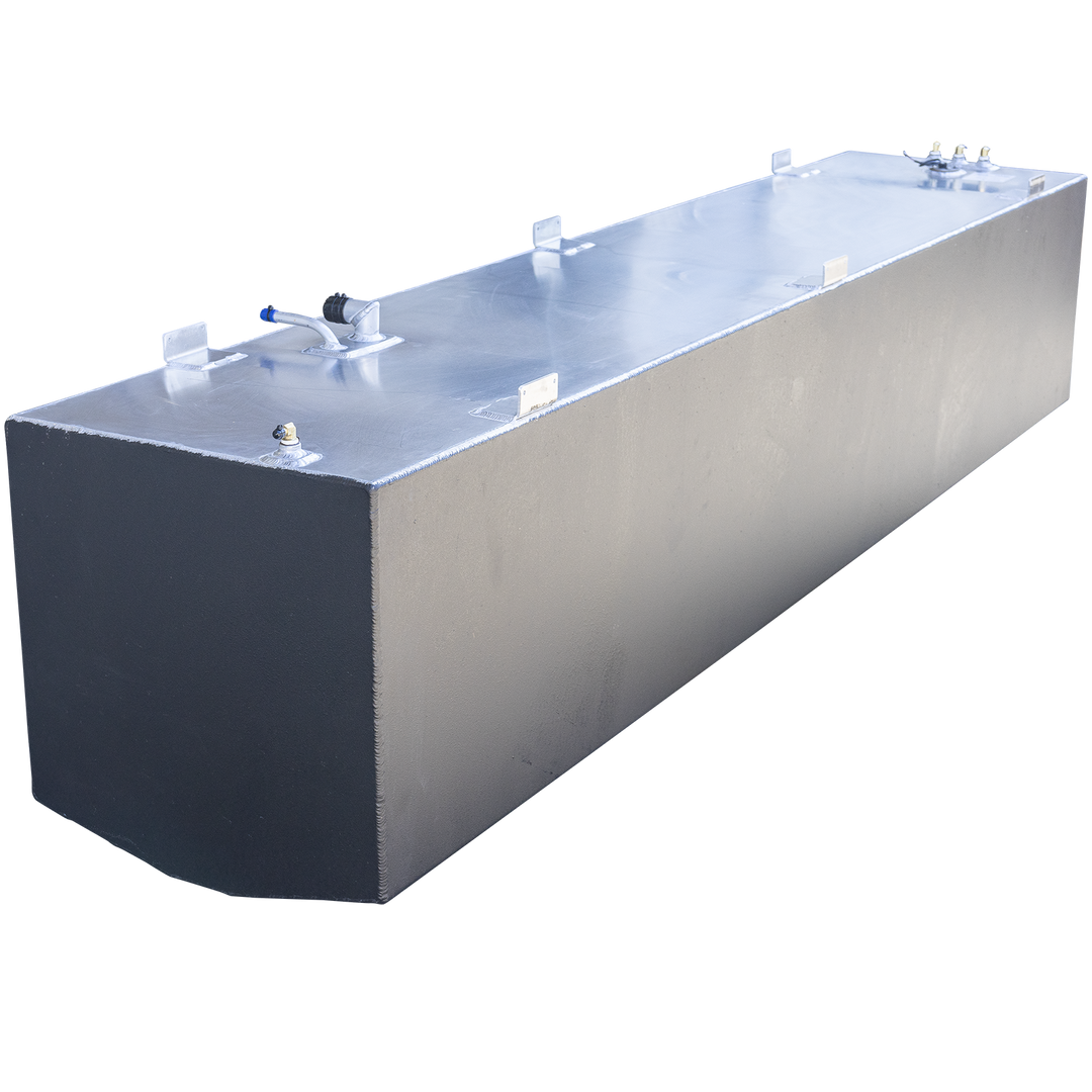 This image shows a large rectangular aluminum fuel tank viewed from a front-side angle against a transparent background. The tank has a smooth metallic surface with visible weld seams along the edges and several mounting brackets attached to the top edges. On the top surface, there are various fittings and pipes, including a curved pipe with a black cap near the front and several other fittings towards the back. The tank is designed for industrial or marine use, specifically identified as part of a 3-tank