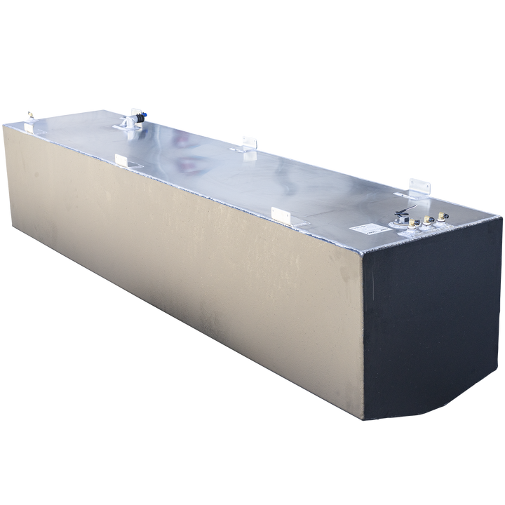 This image shows a large rectangular aluminum fuel tank viewed from a front-side angle against a transparent background. The tank has a smooth metallic surface with visible weld seams along the edges and several mounting brackets attached to the top edges. On the top surface, there are various fittings and pipes, including a curved pipe with a black cap near the front and several other fittings towards the back. The tank is designed for industrial or marine use, specifically identified as part of a 3-tank 