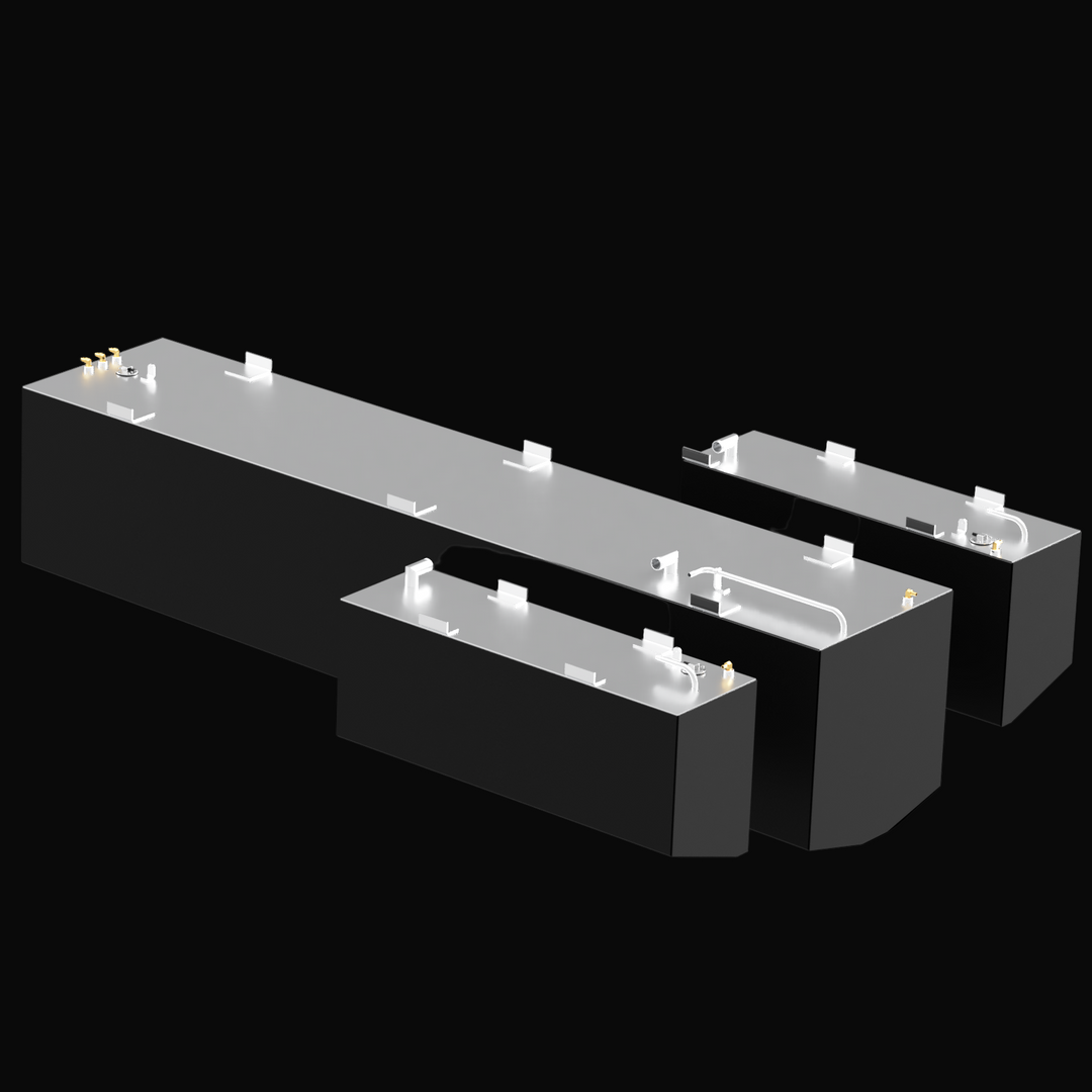Three black marine fuel tanks arranged against a black background, shown in a 3D rendered style. The largest tank is a rectangular belly tank with a flat silver top and multiple fittings and brackets, measuring 303 gallons. Flanking it are two smaller saddle tanks, each with flat silver tops and fittings, measuring 50 gallons each. The tanks are part of a Deep Impact 36 2005 3-tank combo kit, designed for marine fuel storage. The tanks feature clean lines