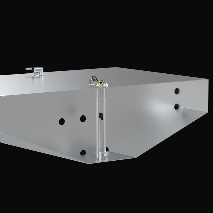 A technical cross-section 3D rendering of a deep tapered marine aluminum fuel tank cutaway view, detailing the internal dual plumbing and sending unit architecture. The image focuses on the inner chamber of a deep V-bottom hull-conforming fuel cell fabricated from raw marine-grade 5052-H32 aluminum, highlighting a structural internal baffle plate with multiple circular flow-through holes. The internal assembly details twin aluminum pickup tubes extending down to bottom-mounted anti-slosh foot brackets, whic