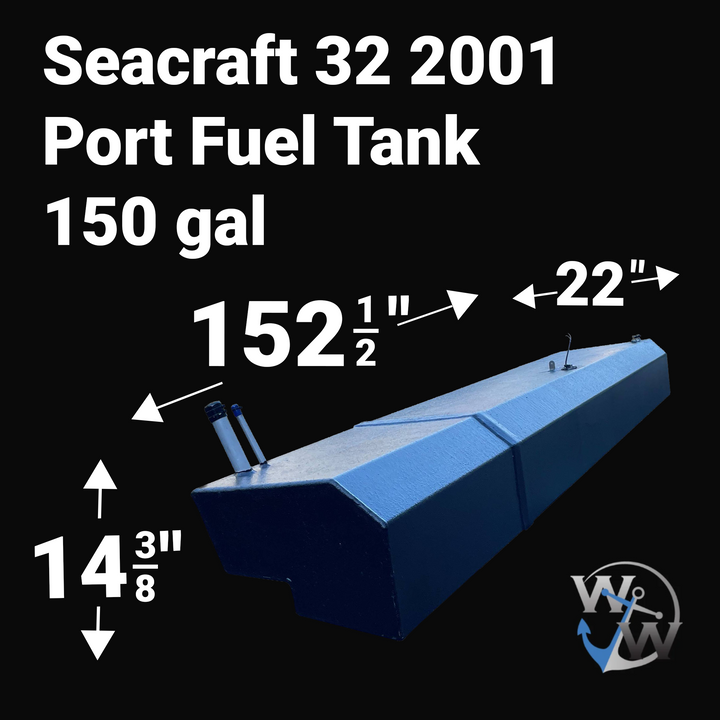150 Gallon Seacraft 32 (2001) Port Fuel Tank replacement, fabricated from marine-grade aluminum with a black protective coating. Features an elongated, hull-specific design measuring 152.5 inches in length by 22 inches in width.