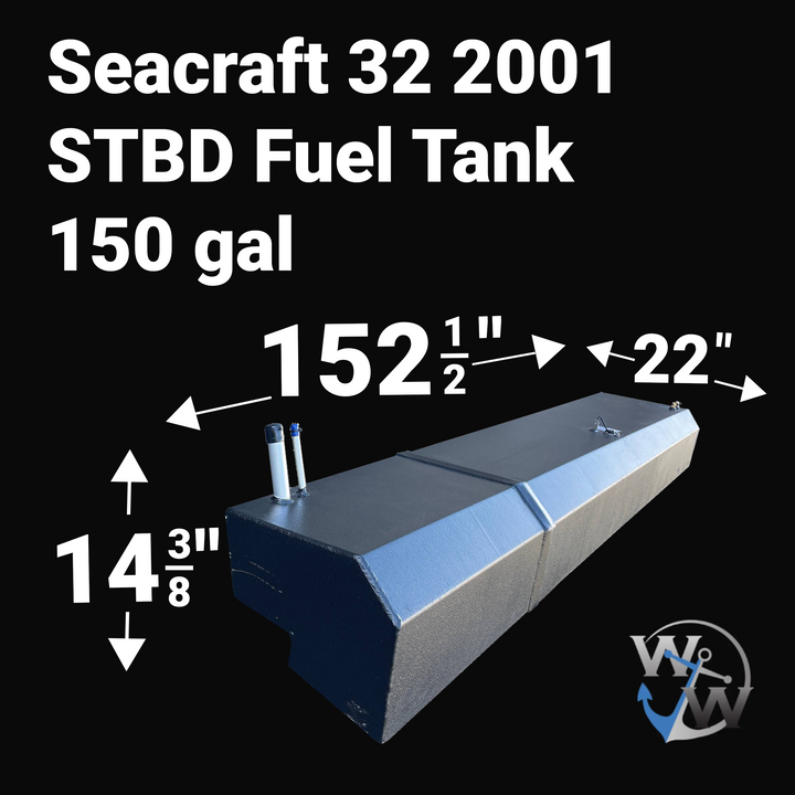 150 Gallon Seacraft 32 (2001) Port Fuel Tank replacement, fabricated from marine-grade aluminum with a black protective coating. Features an elongated, hull-specific design measuring 152.5 inches in length by 22 inches in width.