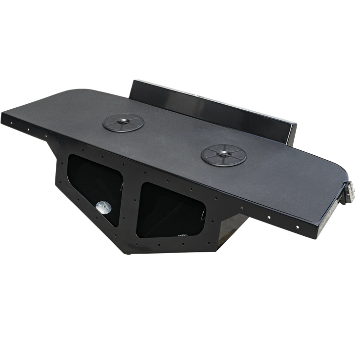 Dolphin 25' 1993 High Flotation Twin Engine Bracket, featuring a sleek black design with two circular mounting plates and a sturdy frame, set against a transparent background