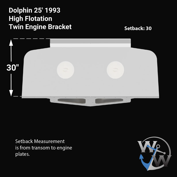 Alt text: "Diagram of a Dolphin 25' 1993 High Flotation Twin Engine Bracket, featuring a setback measurement of 30 inches from the transom to the engine plates