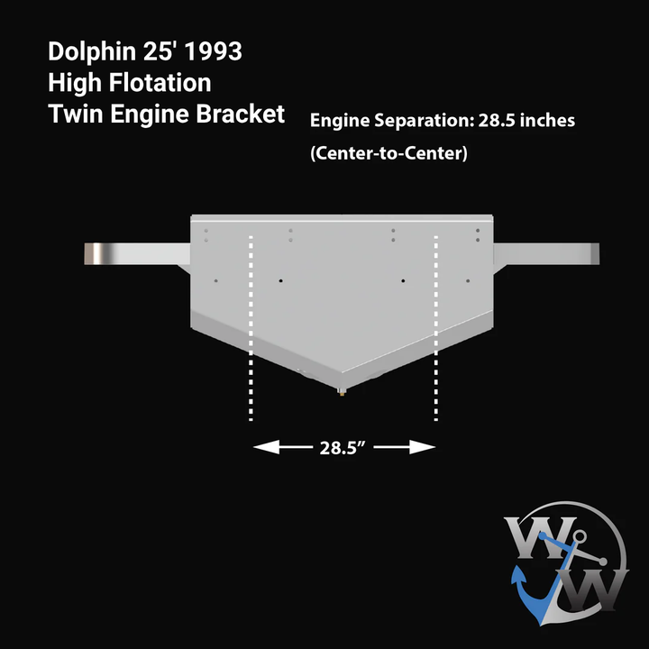 Diagram of a Dolphin 25' 1993 High Flotation Twin Engine Bracket, featuring a white silhouette on a black background. The image highlights the engine separation measurement of 28.5 inches (center-to-center) with dashed lines indicating the distance