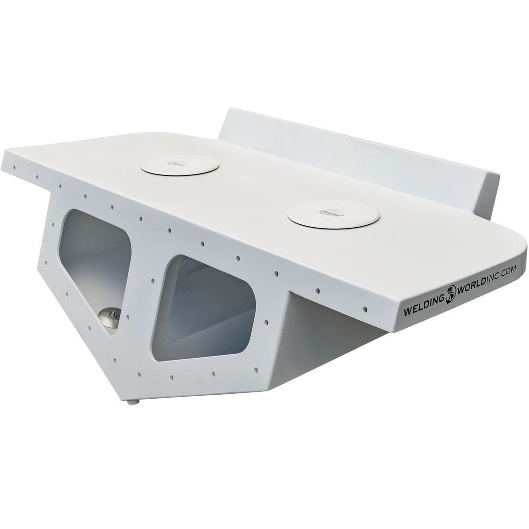 Alt text: "White high flotation twin engine bracket designed for a 25-foot Dolphin boat, featuring two circular cutouts and a sleek, aerodynamic shape