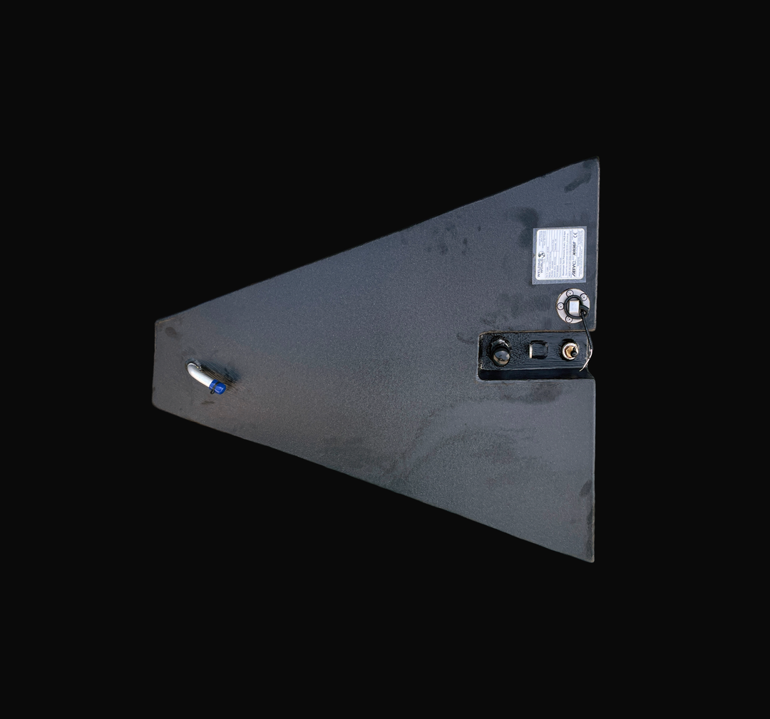 A studio top-down plan view displaying the distinct forward-bow wedge layout of a physical, finished black encapsulated Dolphin Skiffs 16 OEM replacement marine fuel tank (25 gal 1998) from file image_4333fd.jpg, isolated against a black background. Precision-fabricated from heavy-gauge marine-grade 5052-H32 aluminum, the top deck is fully encapsulated in a protective, textured black TarGard epoxy coating to resist severe saltwater pitting and bilge moisture decay. The hardware arrangement shows a far-left 