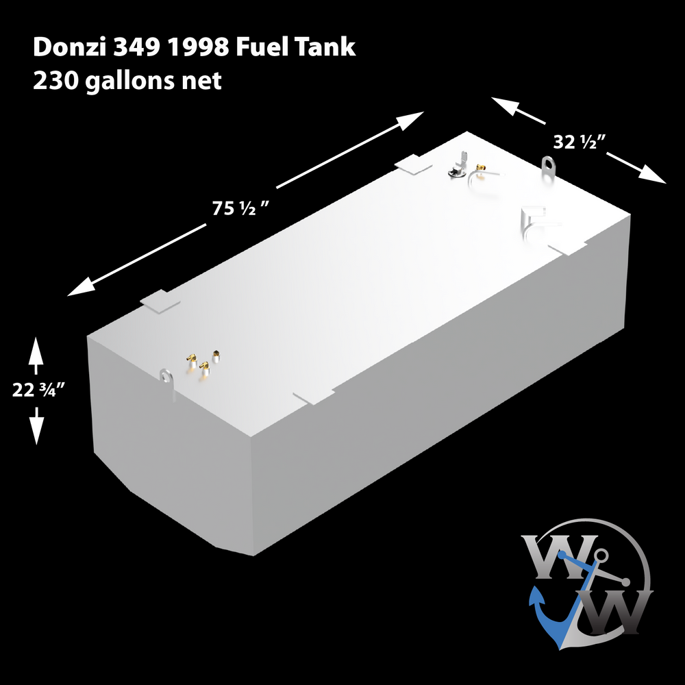 3D model of a Donzi 349 1998 fuel tank with a capacity of 230 gallons net. The tank dimensions are 75 1/2 inches in length, 32 1/2 inches in width, and 22 3/4 inches in height. The tank is shown in white with metallic fittings and mounting tabs, displayed on a black background. The Welding World logo is visible in the bottom right corner