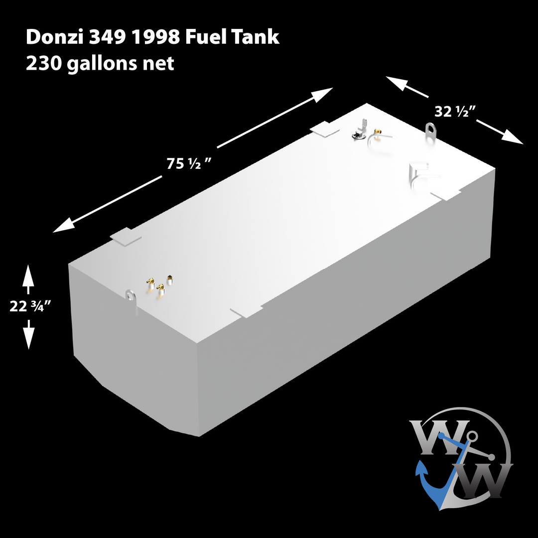 3D model of a Donzi 349 1998 fuel tank with a capacity of 230 gallons net. The tank dimensions are 75 1/2 inches in length, 32 1/2 inches in width, and 22 3/4 inches in height. The tank is shown in white with metallic fittings and mounting tabs, displayed on a black background. The Welding World logo is visible in the bottom right corner