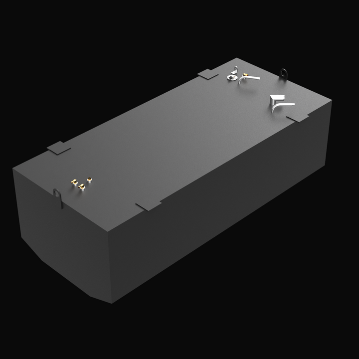 3D model of a Donzi 349 1998 Built to OEM Specs belly fuel tank with a capacity of 230 gallons. The tank has a rectangular shape with mounting tabs along the edges, fittings, and connectors on top. The model is rendered in gray with metallic components and displayed on a black background