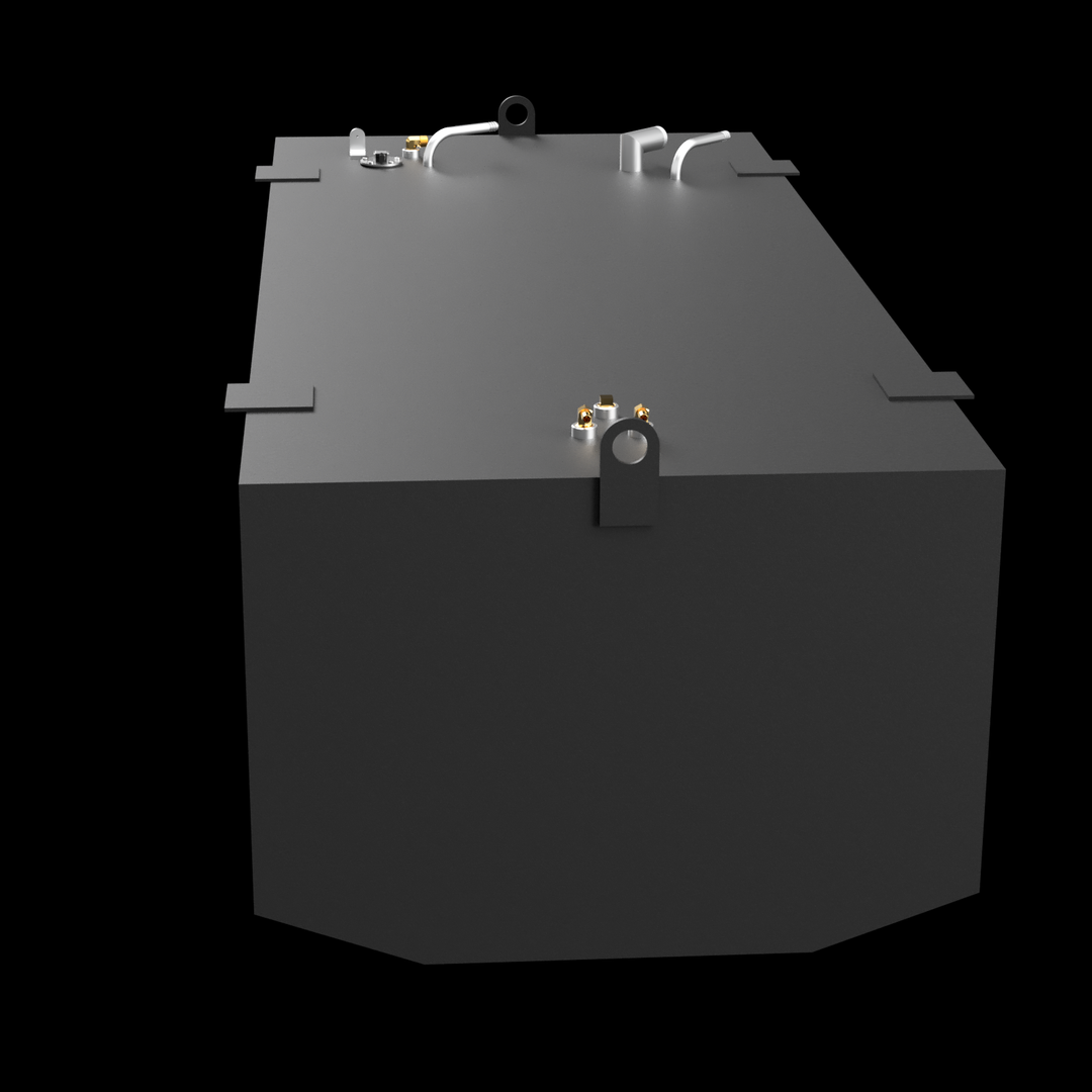 3D model of an Advanced 33 Port Saddle Fuel Tank viewed from a slightly elevated front angle, showing the flat top with fittings, mounting brackets, and a lifting eye on the front side, all rendered in gray on a black background