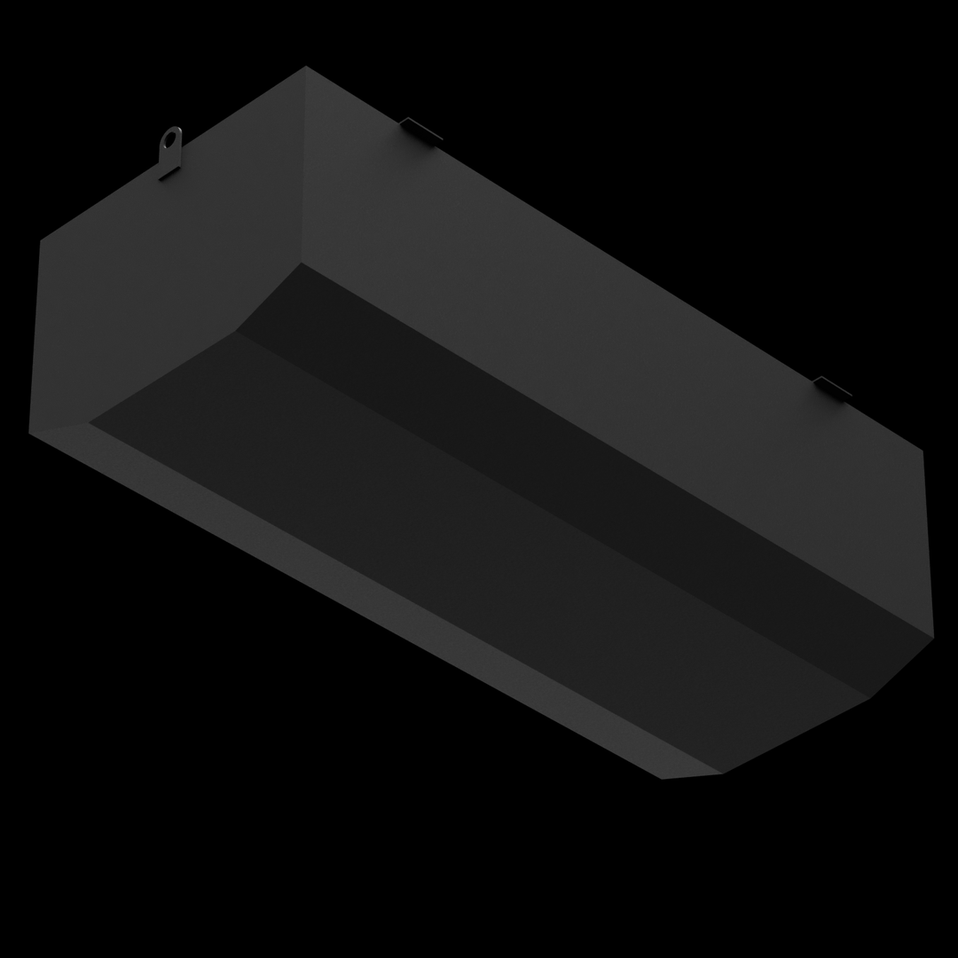3D model of an Advanced 33 Port Starboard Saddle Fuel Tank viewed from a low front angle showing the rectangular tank with angled edges, a deep rectangular channel running along the bottom center, lifting eyes, mounting brackets, and a flat black surface, rendered against a black background