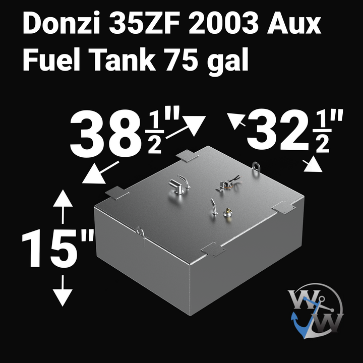 A studio product diagram displaying exact dimension specifications for a 3D digital CAD model rendering of an unencapsulated bare aluminum Donzi 35ZF 2003 Aux OEM replacement marine fuel tank (75 gal) from file image_8478cb.jpg, isolated against a black background. The isometric view highlights the rectangular hull profile with bold white measurement arrows indicating key overall dimensions: 38 1/2 inches in length, 32 1/2 inches in width, and 15 inches in total height. Top deck hardware configuration featu