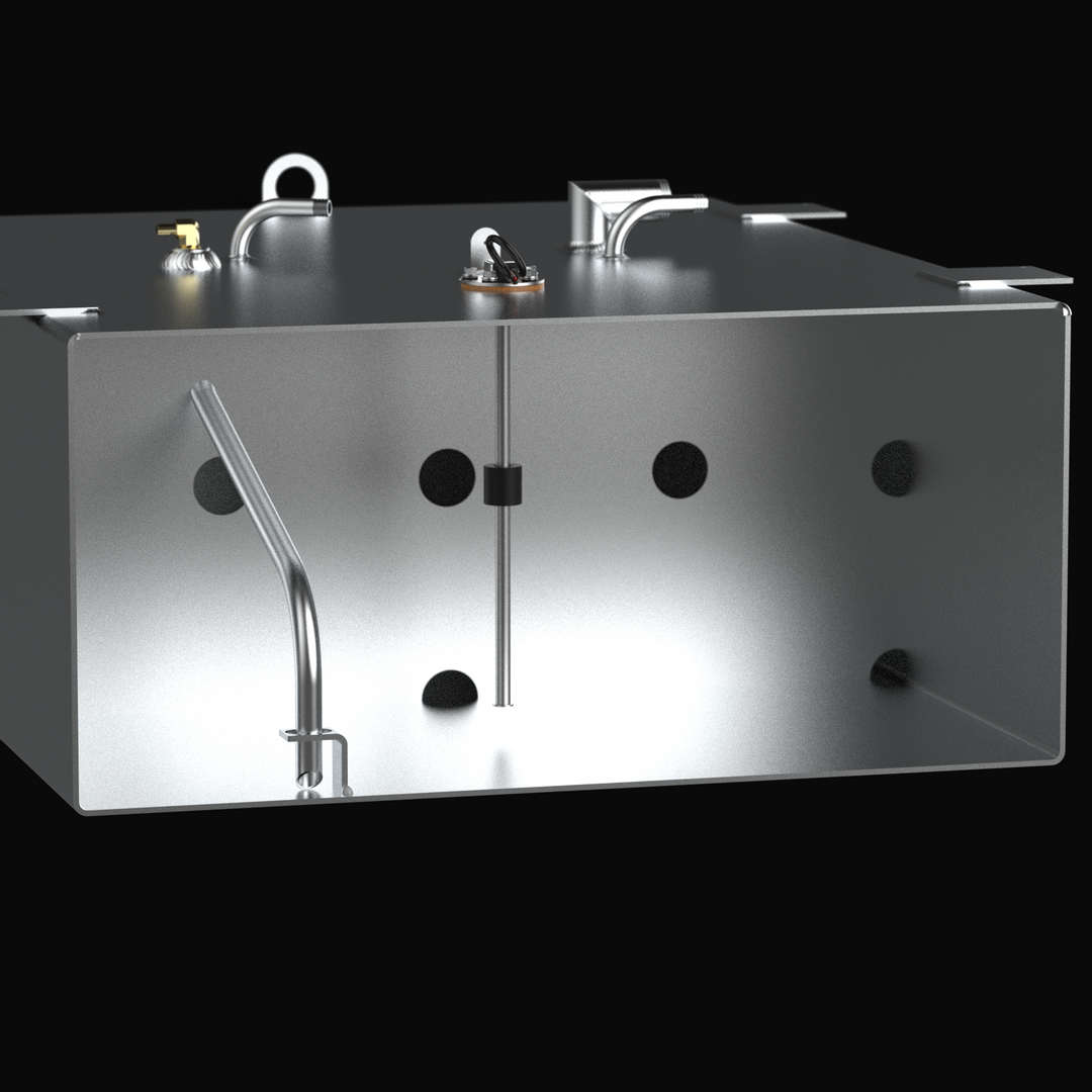 A studio cutaway internal perspective view displaying the interior construction of a 3D digital CAD model rendering for the Donzi 35ZF 2003 Aux OEM replacement marine fuel tank (75 gal) from file image_848468.jpg, isolated against a black background. Fabricated from unencapsulated heavy-gauge marine-grade 5052-H32 aluminum, the cross-section reveals internal anti-slosh baffle plates with flow limber holes, an internal fuel pickup drop tube with a bottom foot bracket, and an electronic fuel level sending uni