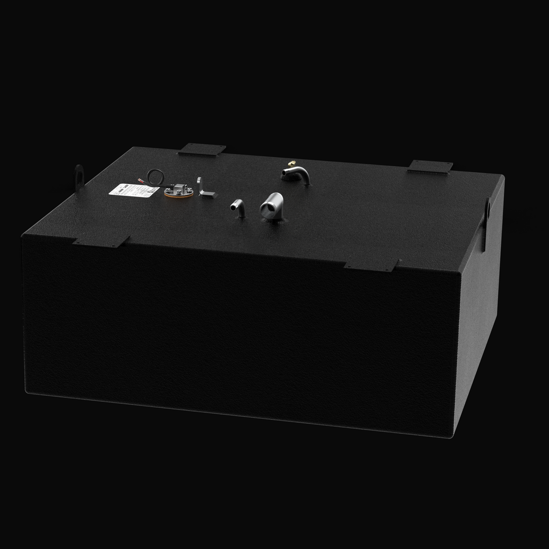 A studio high-angle isometric perspective view displaying the physical, finished black encapsulated Donzi 35ZF 2003 Aux OEM replacement marine fuel tank (75 gal) from file image_847965.jpg, isolated against a black background. Precision-fabricated from heavy-gauge marine-grade 5052-H32 aluminum, the rectangular body is fully encapsulated in a protective, textured black TarGard epoxy coating to resist severe saltwater pitting and bilge moisture decay. Top deck hardware configuration features heavy-gauge weld