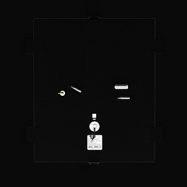 A studio top-down plan view displaying the clean deck layout of a physical, finished black encapsulated Donzi 35ZF 2003 Aux OEM replacement marine fuel tank (75 gal) from file image_8480e5.jpg, isolated against a black background. Precision-fabricated from heavy-gauge marine-grade 5052-H32 aluminum, the rectangular top deck is fully encapsulated in a protective, textured black TarGard epoxy coating to resist severe saltwater pitting and bilge moisture decay. Deck hardware arrangement includes four welded co