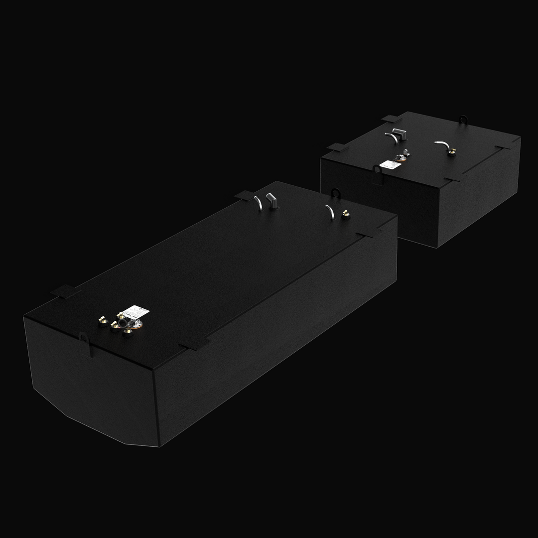 A studio high-angle isometric view displaying the physical, finished black encapsulated dual-tank package for the Donzi 35ZF Main (186 gal) & Aux (75 gal) 2003 OEM replacement marine fuel tanks from file image_841ef0.jpg, isolated against a black background. Precision-fabricated from heavy-gauge marine-grade 5052-H32 aluminum, both contoured hull cells are fully encapsulated in a protective, textured black TarGard epoxy coating to resist severe saltwater pitting and bilge moisture decay. Top deck hardware c