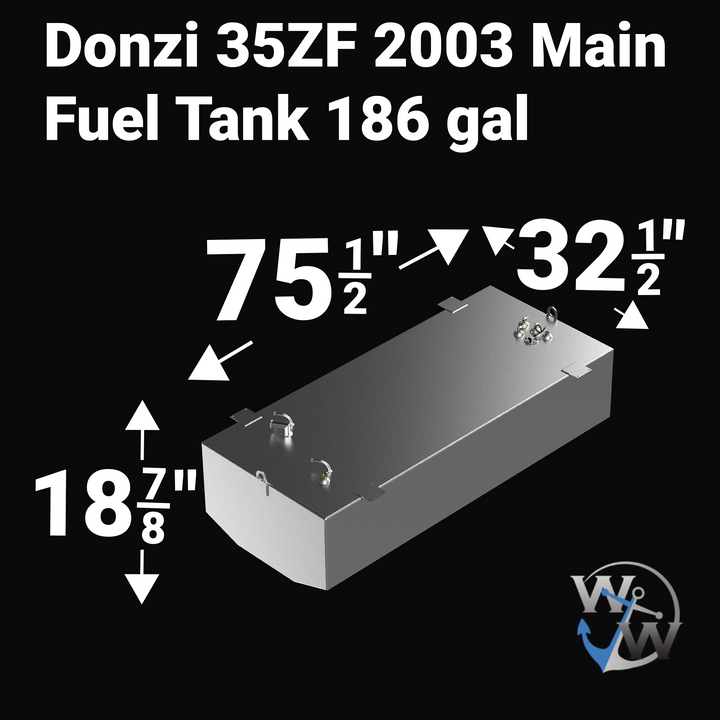 A studio product diagram displaying exact dimension specifications for a 3D digital CAD model rendering of an unencapsulated bare aluminum Donzi 35ZF 2003 Main OEM replacement marine fuel tank (186 gal) from file image_841f6d.jpg, isolated against a black background. The isometric view highlights the V-hull contoured profile with bold white measurement arrows indicating key overall dimensions: 75 1/2 inches in length, 32 1/2 inches in width, and 18 7/8 inches in total height. Top deck hardware configuration