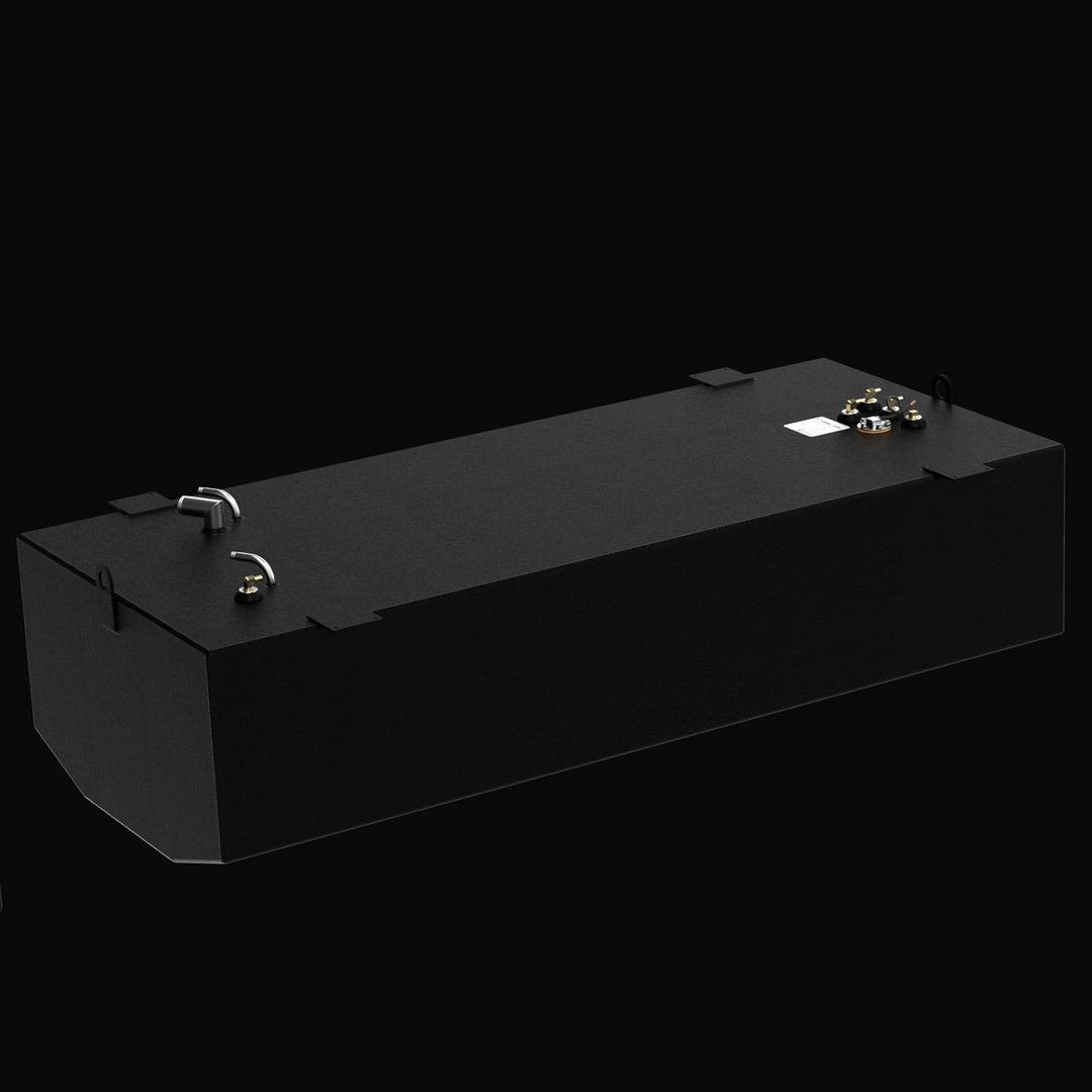 A studio high-angle isometric perspective view displaying the physical, finished black encapsulated Donzi 35ZF 2003 Main OEM replacement marine fuel tank (186 gal) from file image_84800c.jpg, isolated against a black background. Precision-fabricated from heavy-gauge marine-grade 5052-H32 aluminum, the deep V-hull contoured body is fully encapsulated in a protective, textured black TarGard epoxy coating to resist severe saltwater pitting and bilge moisture decay. Top deck hardware configuration features heav