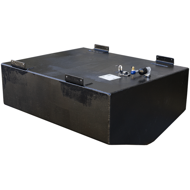 OEM-style belly tank replacement for Dusky 23, upgrading original 47-gallon plastic tank to a 69-gallon aluminum model. Fabricated from corrosion-resistant, black-finished marine-grade aluminum with multiple top-mounted fittings—blue-handled valve, grounding lug, and capped access port. Includes integrated mounting brackets and compliance labeling for traceability. Design optimizes fuel storage while preserving original hull cavity constraints